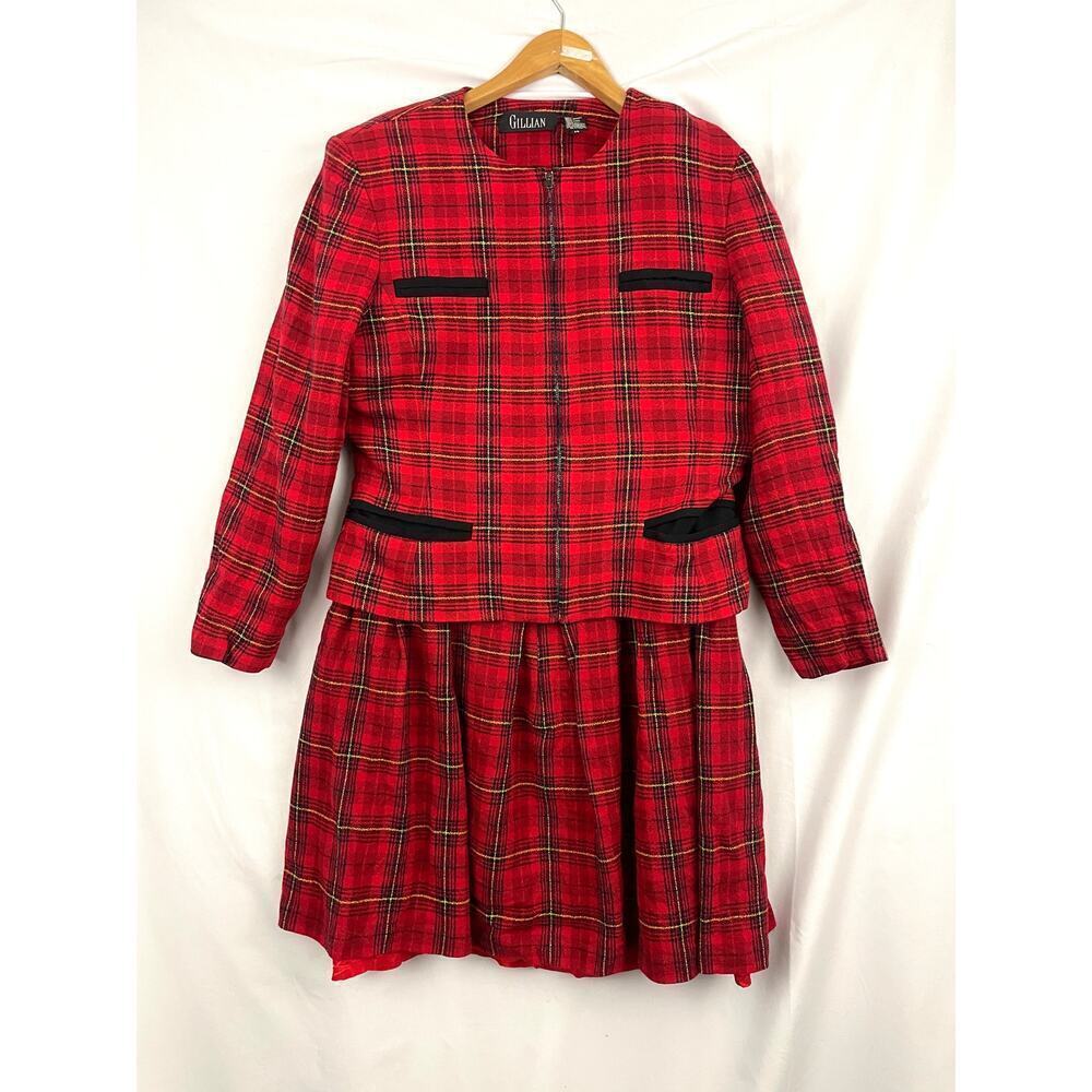 VTG Gillian Red Plaid Wool 2PC Skirt & Jacket Sz‎ 14 Full Zip 1990's Clueless